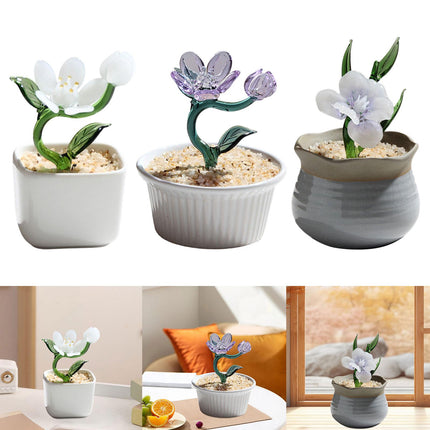 Potted Plant Glass Statue Figurine Decorative Gift Artificial Flowers in Pot White