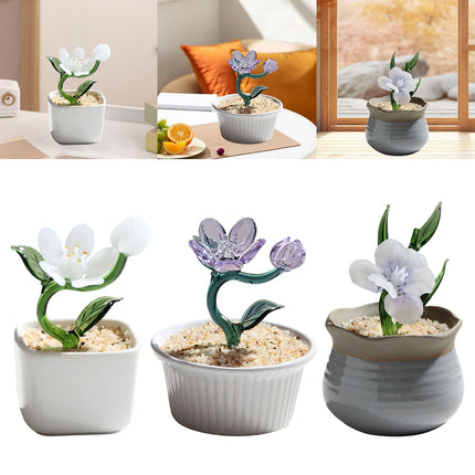 Potted Plant Glass Statue Figurine Decorative Gift Artificial Flowers in Pot White