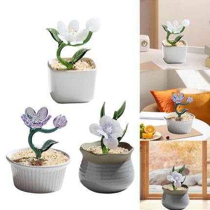 Potted Plant Glass Statue Figurine Decorative Gift Artificial Flowers in Pot White