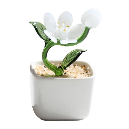 Potted Plant Glass Statue Figurine Decorative Gift Artificial Flowers in Pot White