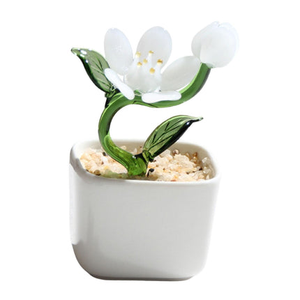 Potted Plant Glass Statue Figurine Decorative Gift Artificial Flowers in Pot White