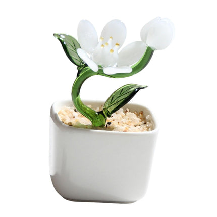 Potted Plant Glass Statue Figurine Decorative Gift Artificial Flowers in Pot White