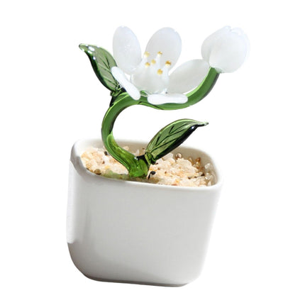 Potted Plant Glass Statue Figurine Decorative Gift Artificial Flowers in Pot White