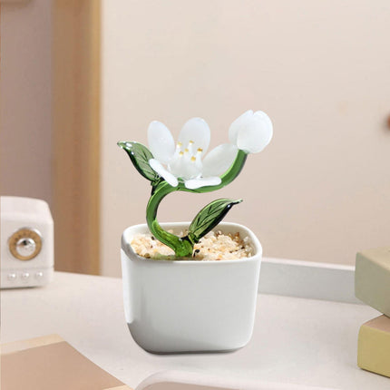 Potted Plant Glass Statue Figurine Decorative Gift Artificial Flowers in Pot White