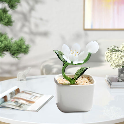 Potted Plant Glass Statue Figurine Decorative Gift Artificial Flowers in Pot White