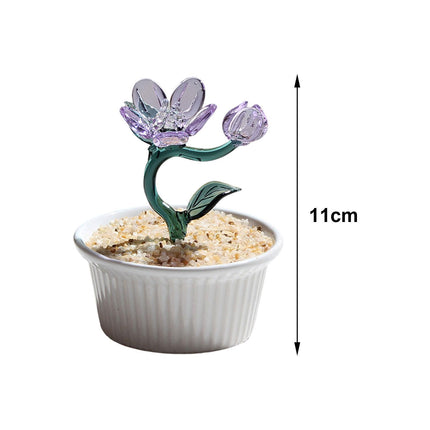 Potted Plant Glass Statue Figurine Decorative Gift Artificial Flowers in Pot Violet