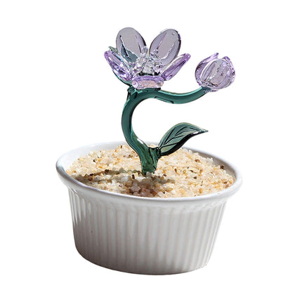 Potted Plant Glass Statue Figurine Decorative Gift Artificial Flowers in Pot Violet