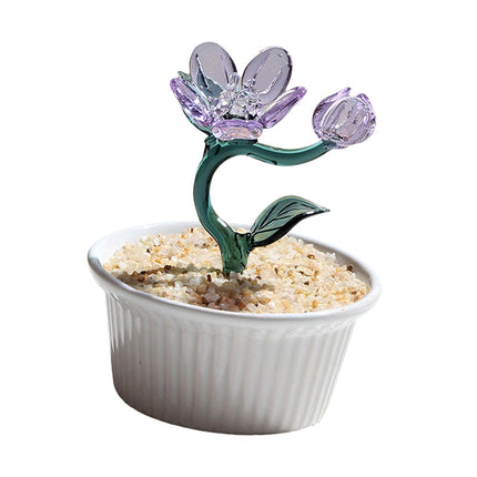 Potted Plant Glass Statue Figurine Decorative Gift Artificial Flowers in Pot Violet