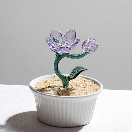 Potted Plant Glass Statue Figurine Decorative Gift Artificial Flowers in Pot Violet