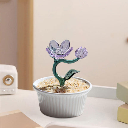 Potted Plant Glass Statue Figurine Decorative Gift Artificial Flowers in Pot Violet