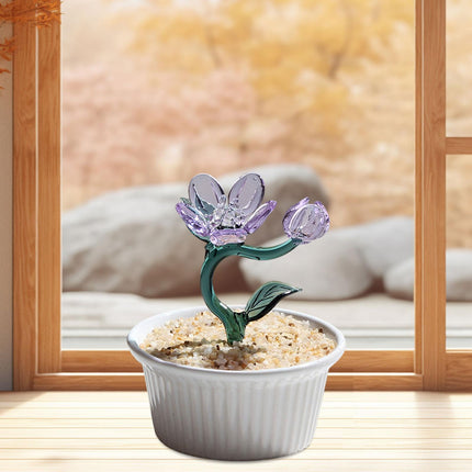 Potted Plant Glass Statue Figurine Decorative Gift Artificial Flowers in Pot Violet
