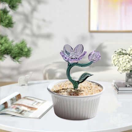 Potted Plant Glass Statue Figurine Decorative Gift Artificial Flowers in Pot Violet
