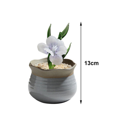 Potted Plant Glass Statue Figurine Decorative Gift Artificial Flowers in Pot Violet White