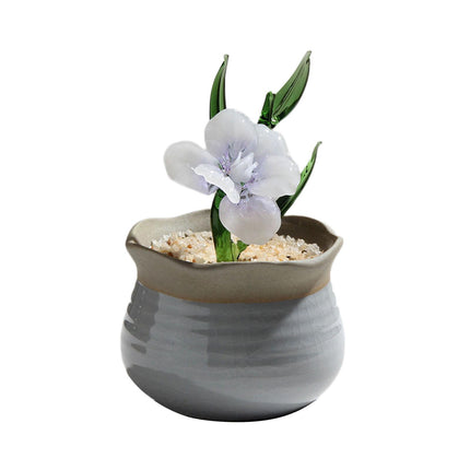Potted Plant Glass Statue Figurine Decorative Gift Artificial Flowers in Pot Violet White