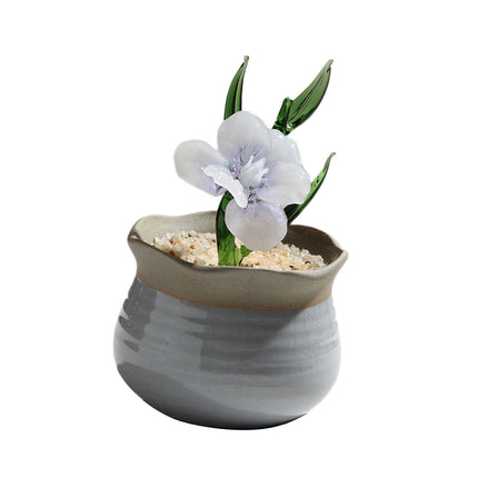 Potted Plant Glass Statue Figurine Decorative Gift Artificial Flowers in Pot Violet White