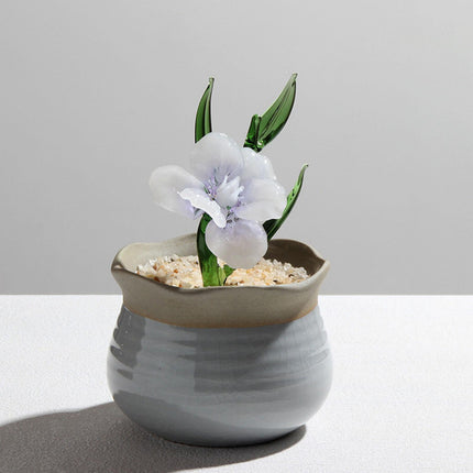 Potted Plant Glass Statue Figurine Decorative Gift Artificial Flowers in Pot Violet White