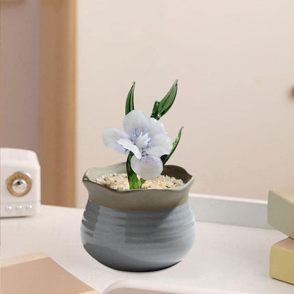 Potted Plant Glass Statue Figurine Decorative Gift Artificial Flowers in Pot Violet White