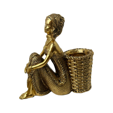 African Lady Figurine with Key Storage Women Statue for Desk Bathroom Office 16.8x6.1x16.7cm golden