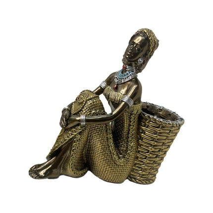 African Lady Figurine with Key Storage Women Statue for Desk Bathroom Office 16.8x6.1x16.7cm black