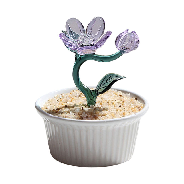 Potted Plant Glass Statue Figurine Decorative Gift Artificial Flowers in Pot Violet