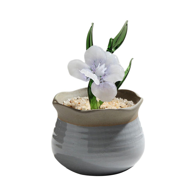 Potted Plant Glass Statue Figurine Decorative Gift Artificial Flowers in Pot Violet White