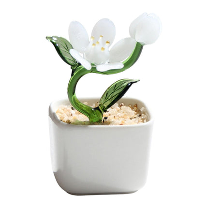 Potted Plant Glass Statue Figurine Decorative Gift Artificial Flowers in Pot White