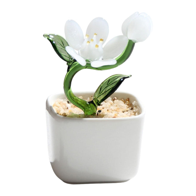 Potted Plant Glass Statue Figurine Decorative Gift Artificial Flowers in Pot White